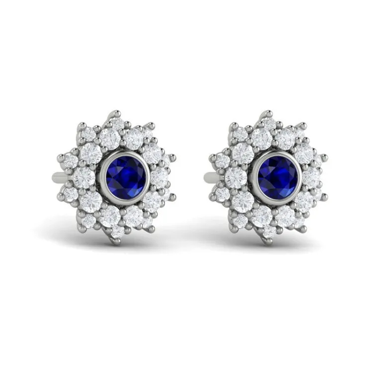 14 KT White Gold Diamond Star Cluster and Blue Sapphire Stud Statement Earrings