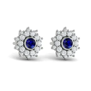 14 KT White Gold Diamond Star Cluster and Blue Sapphire Stud Statement Earrings