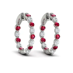 14 KT White Gold Inside Out Diamond and Ruby  Hoop Earrings