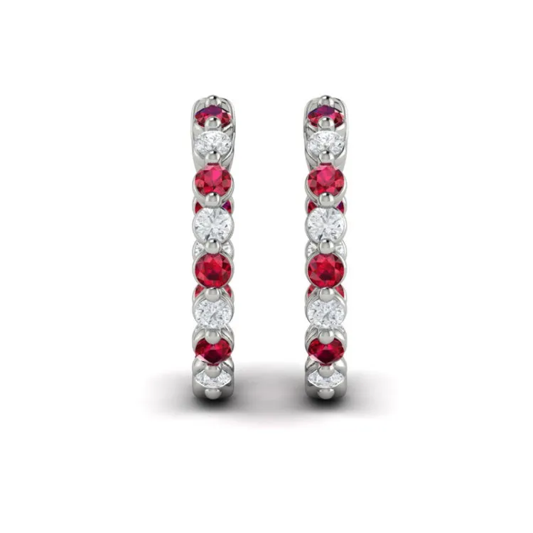 14 KT White Gold Inside Out Diamond and Ruby  Hoop Earrings