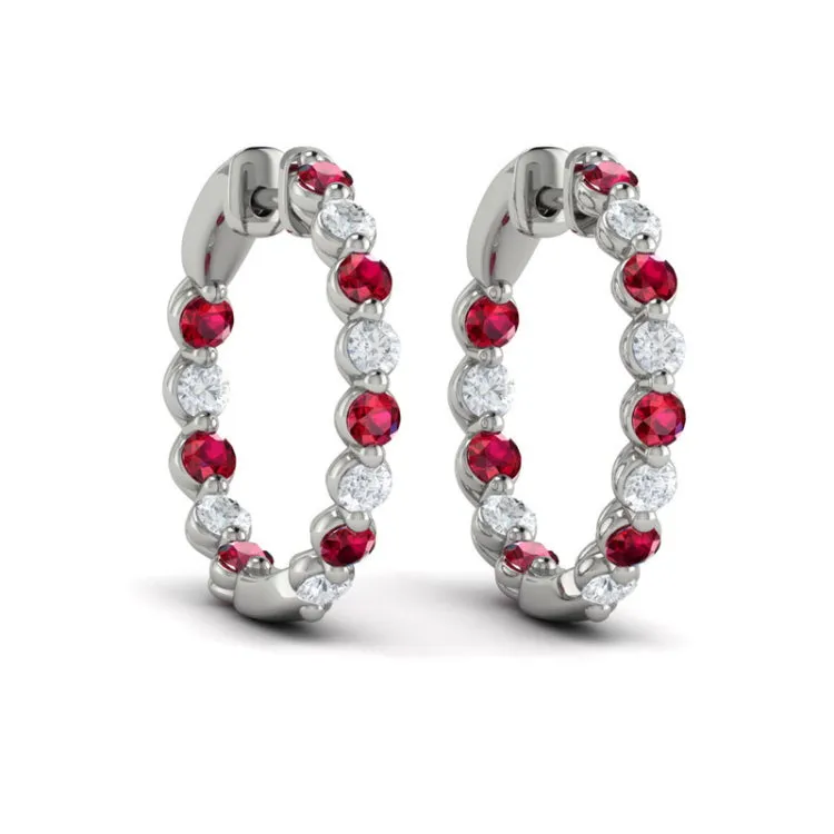 14 KT White Gold Inside Out Diamond and Ruby  Hoop Earrings