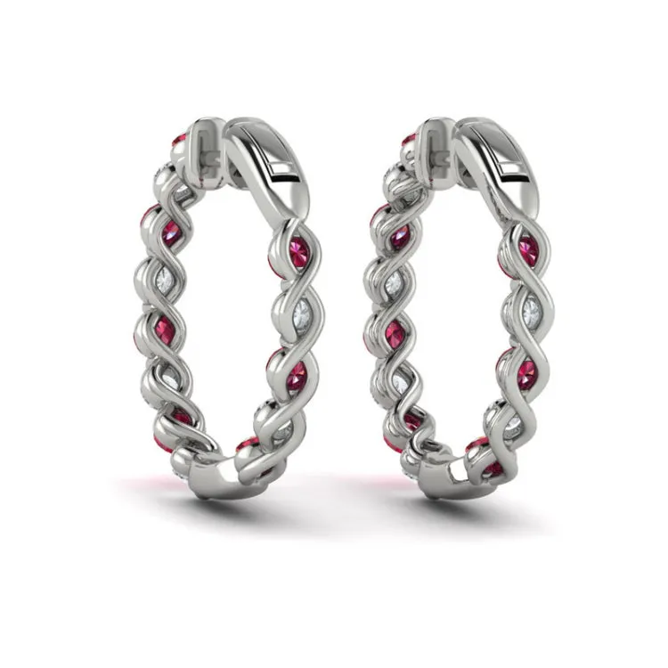 14 KT White Gold Inside Out Diamond and Ruby  Hoop Earrings