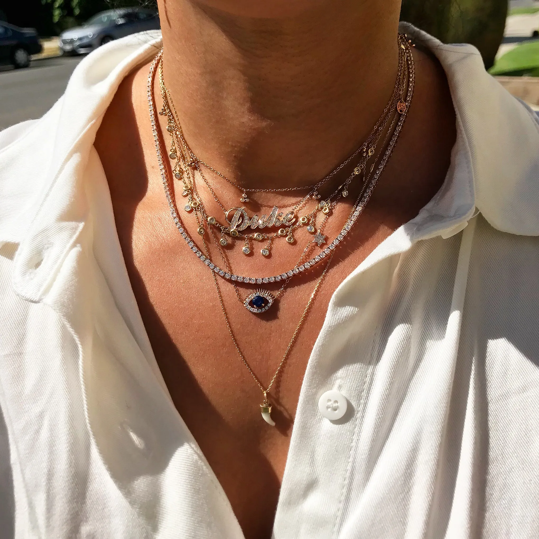 14K Gold Diamond Fringe Choker Charm Necklace