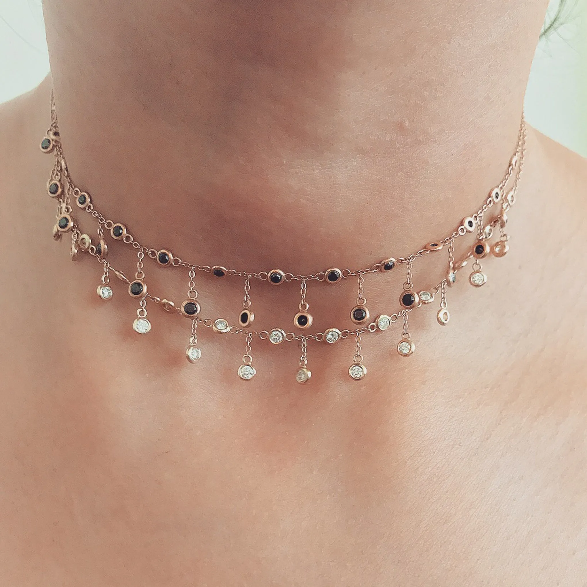14K Gold Diamond Fringe Choker Charm Necklace