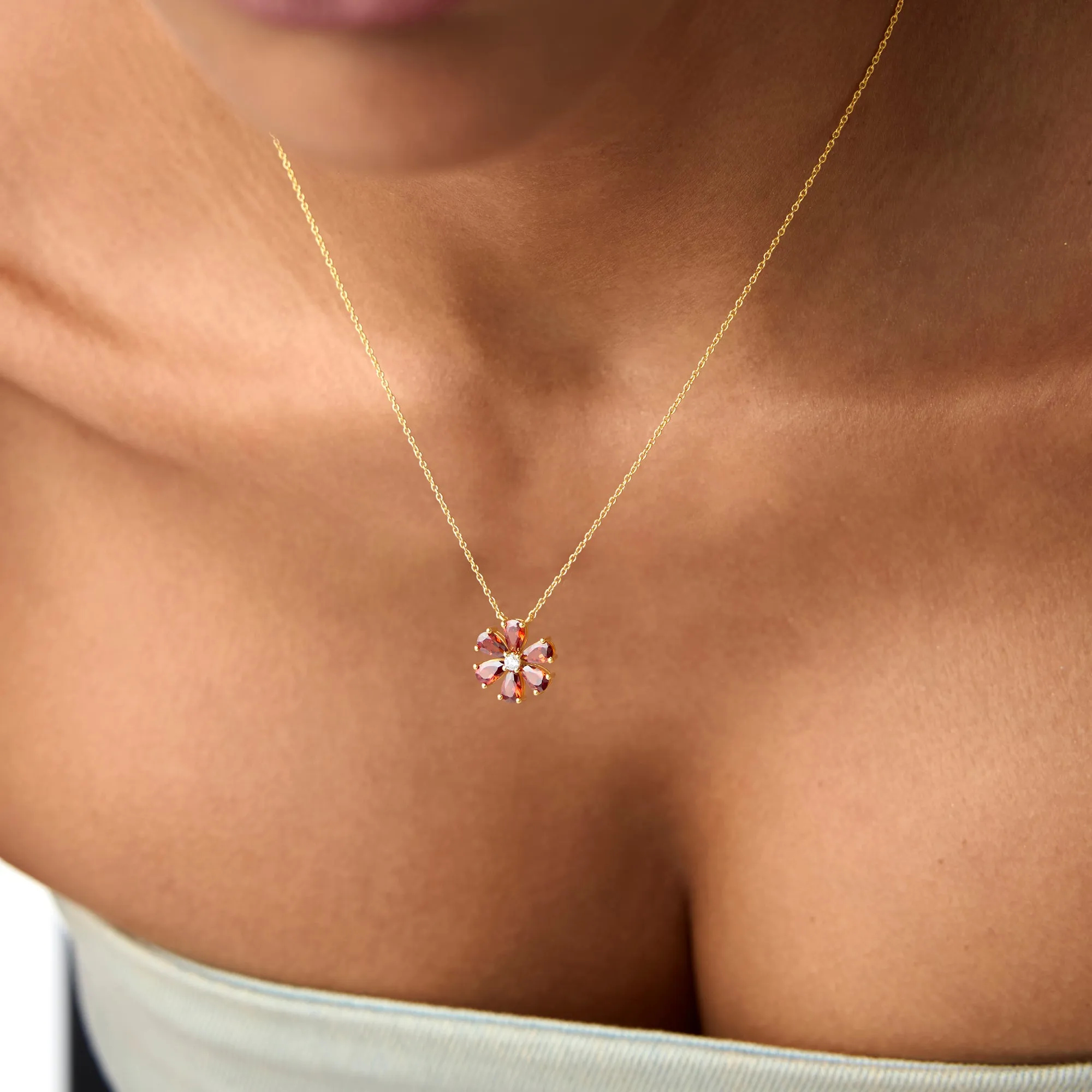 14K Gold Garnet Flower Necklace
