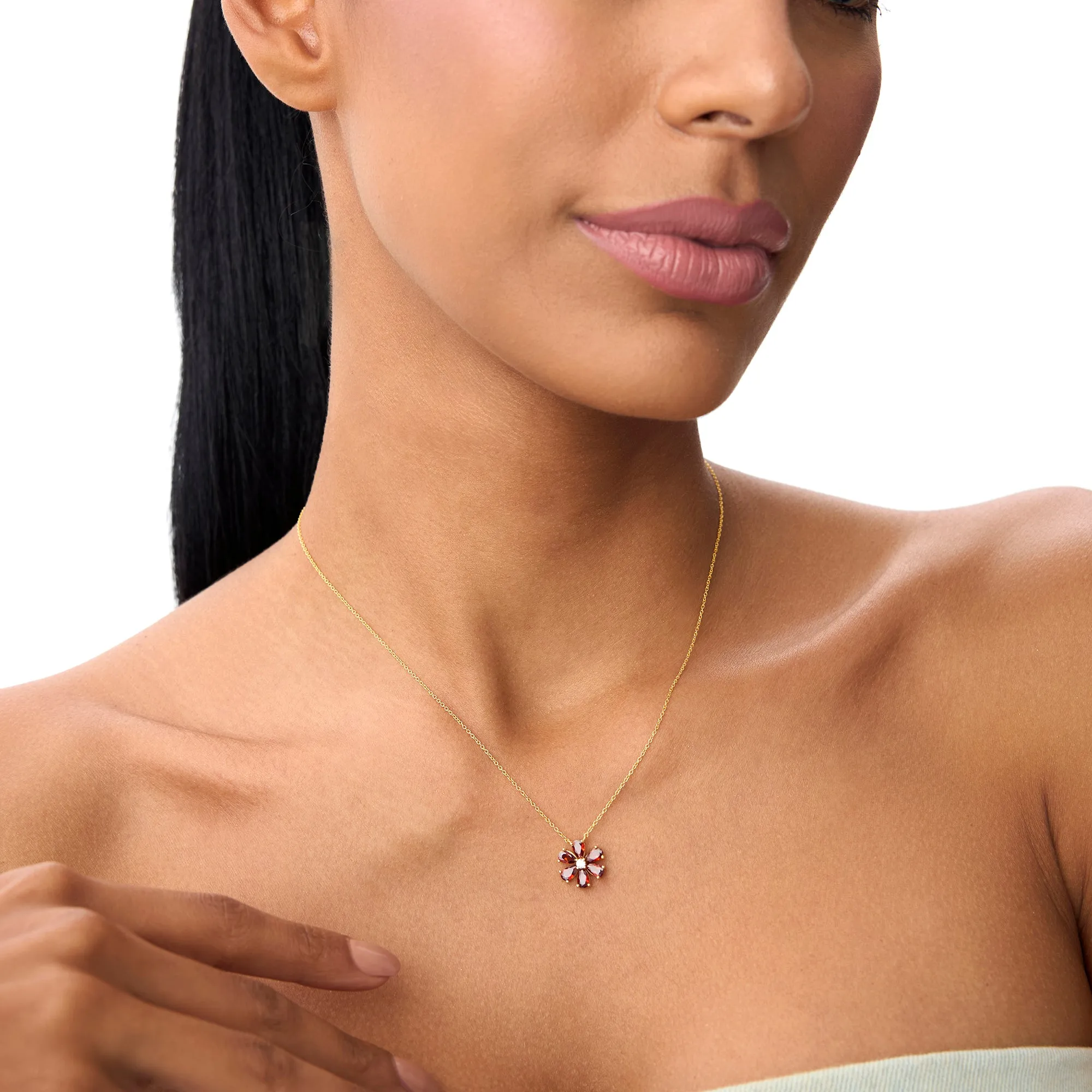 14K Gold Garnet Flower Necklace