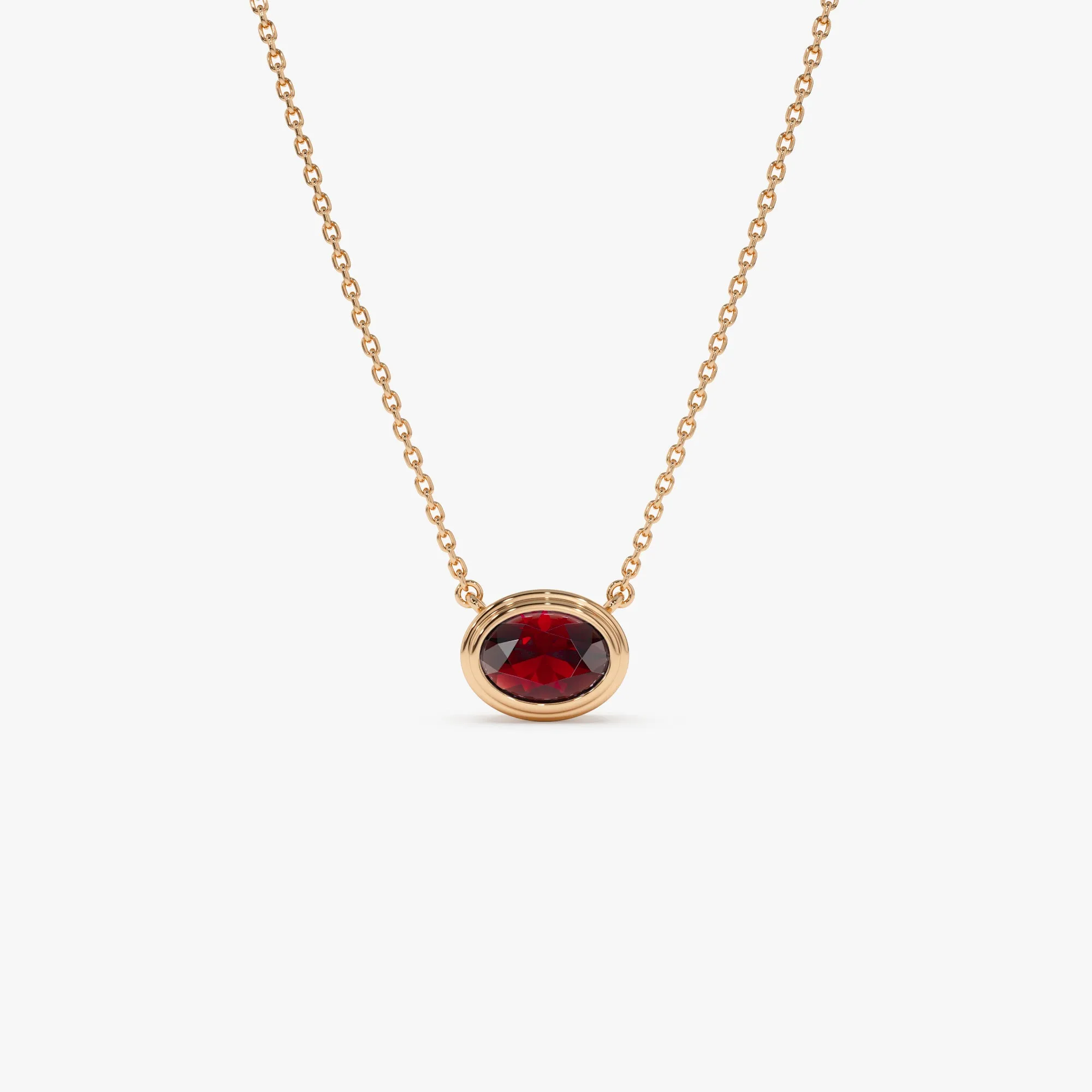 14K Gold Oval Shape Bezel Set Garnet Necklace