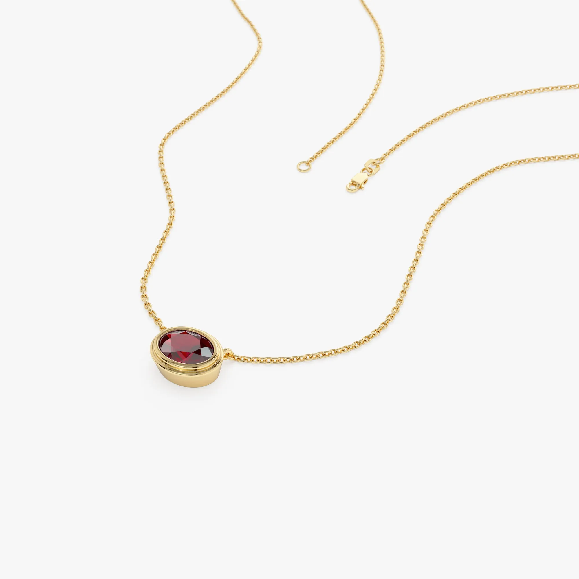 14K Gold Oval Shape Bezel Set Garnet Necklace