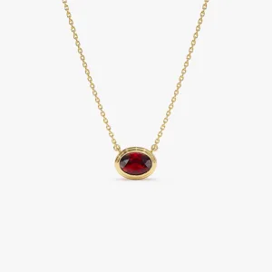 14K Gold Oval Shape Bezel Set Garnet Necklace