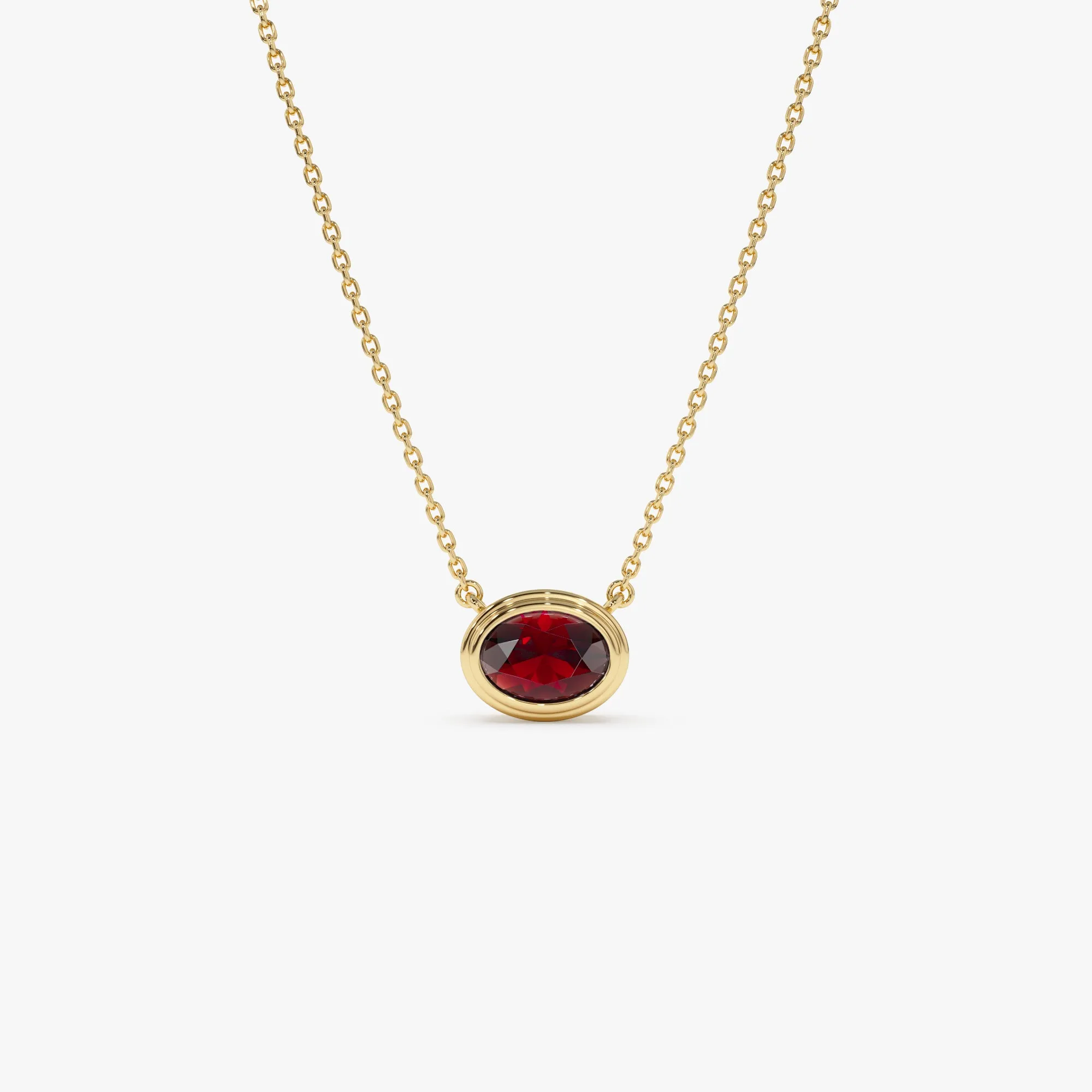 14K Gold Oval Shape Bezel Set Garnet Necklace