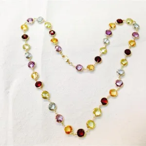 14k Gold Round Fancy Cut Gemstone By The Yard Necklace (27.0.cts.tw)