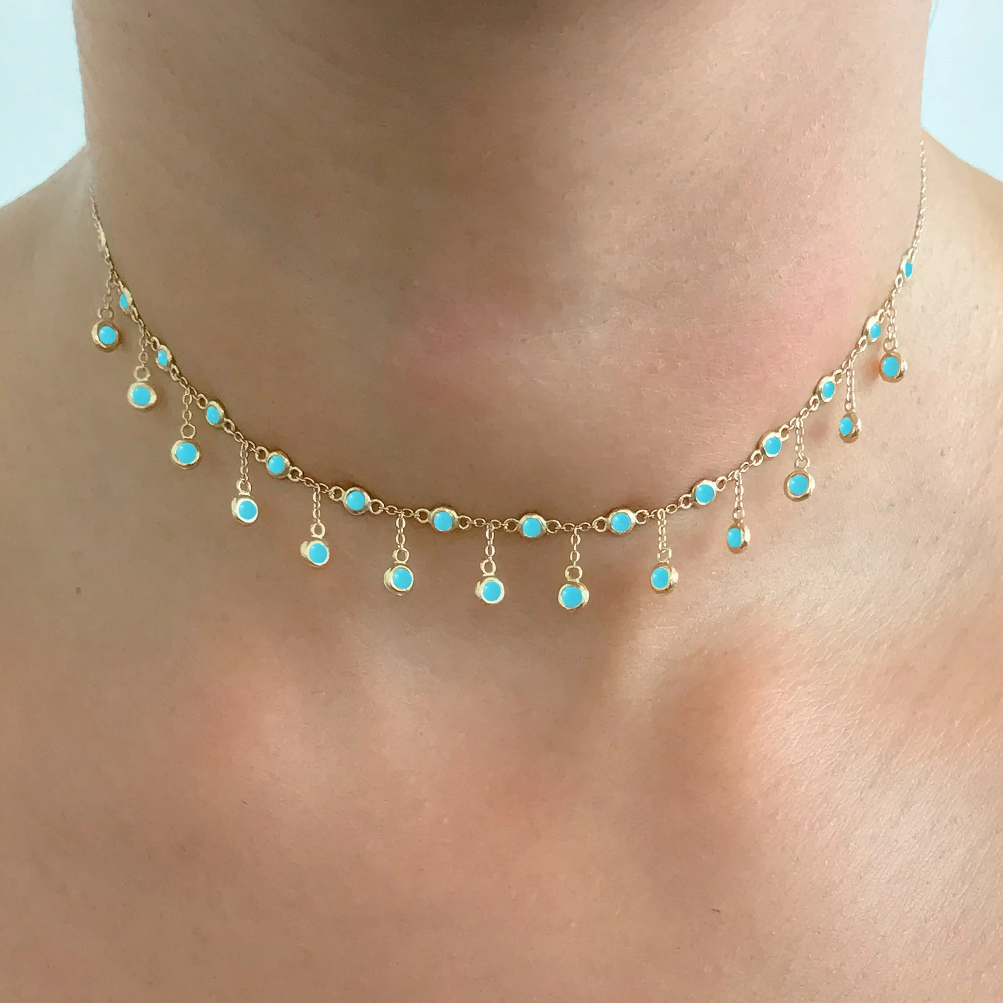 14K Gold Turquoise Fringe Choker Charm Necklace