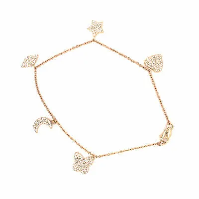 14K Pave Heart, Star, Marquise, Moon and Butterfly Charm Bracelet Yellow Gold