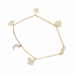14K Pave Heart, Star, Marquise, Moon and Butterfly Charm Bracelet Yellow Gold