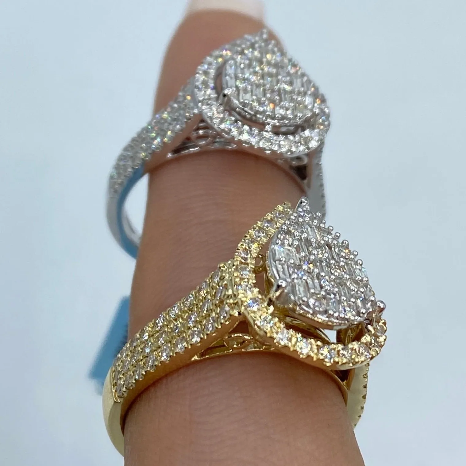 14K Pear Halo Diamond Baguette Ring