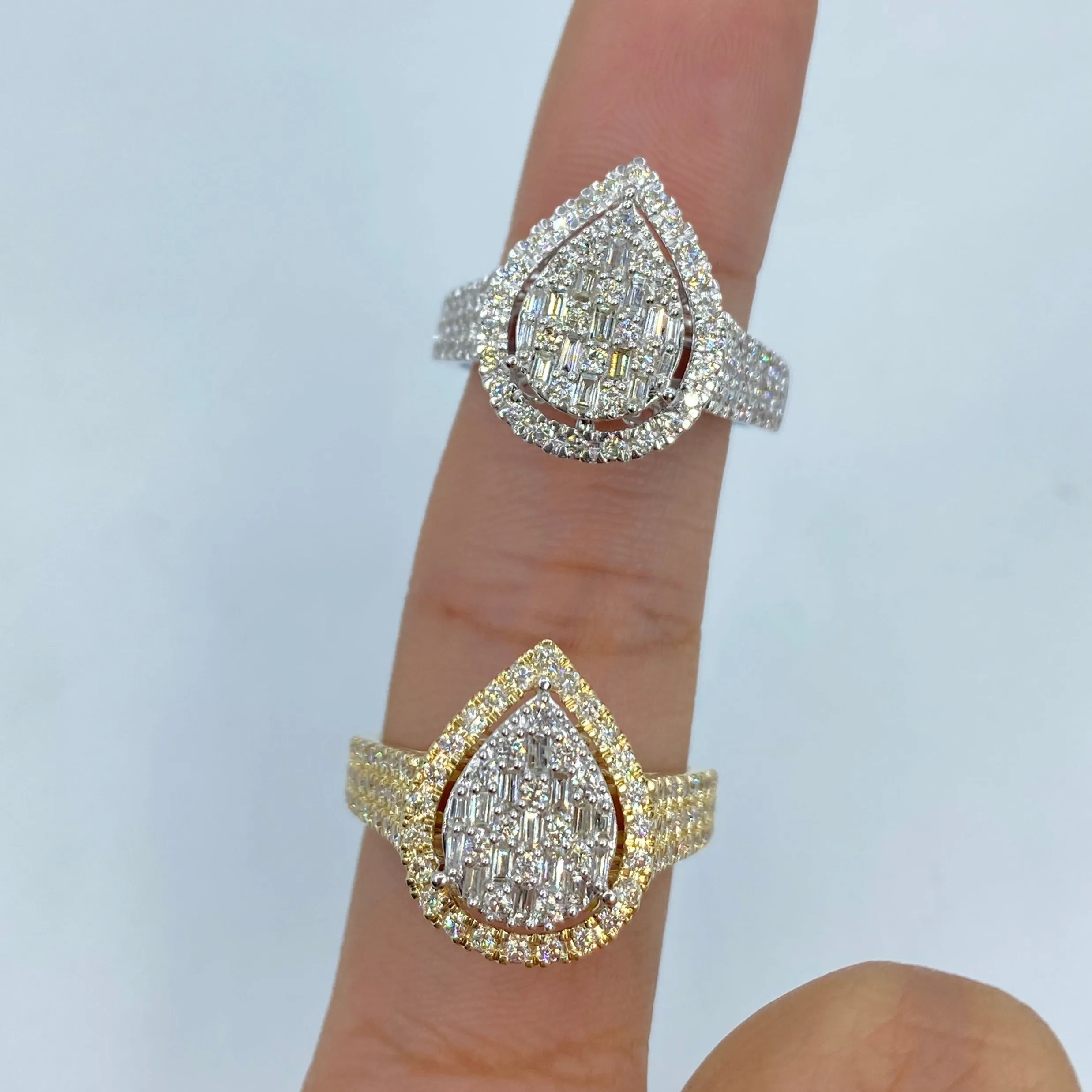 14K Pear Halo Diamond Baguette Ring