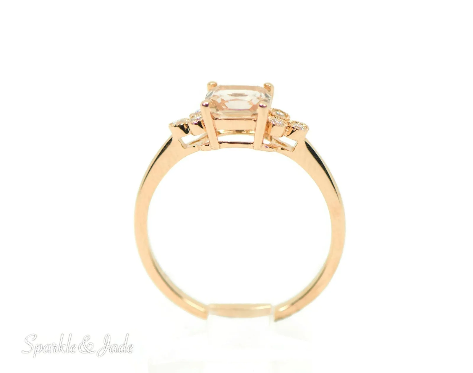 14k Rose Gold Cushion Cut Morganite and Trio Diamond Ring
