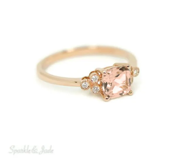 14k Rose Gold Cushion Cut Morganite and Trio Diamond Ring
