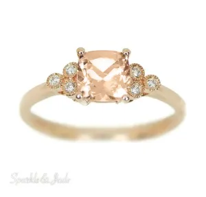 14k Rose Gold Cushion Cut Morganite and Trio Diamond Ring