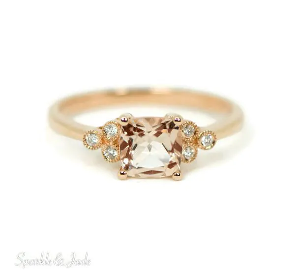 14k Rose Gold Cushion Cut Morganite and Trio Diamond Ring