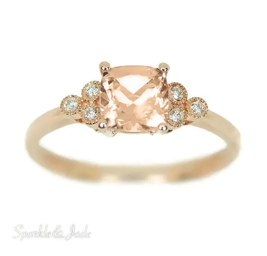14k Rose Gold Cushion Cut Morganite and Trio Diamond Ring