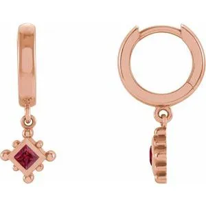 14K Rose Lab-Grown Ruby Beaded Bezel-Set Hoop Earrings