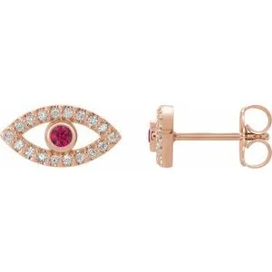 14K Rose Natural Ruby & Natural White Sapphire Evil Eye Earrings