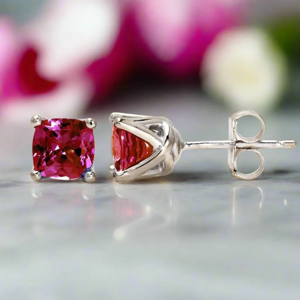 14K Ruby Earrings | Cushion Cut Ruby Studs | July Birthstone Jewelry