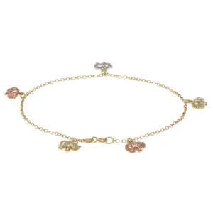 14k Tri Color Gold Elephant Charm Anklet Bracelet 10" 1.9mm 4.9 grams