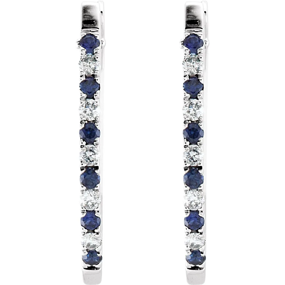 14k White Gold 1/5 CTW Sapphire & Diamond Hoop Earrings