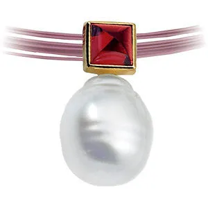 14k White Gold 6mm Rhodolite Garnet & 12mm South Sea Cultured Pearl Pendant