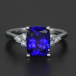 14k White Gold Antique Cushion Tanzanite and Diamond Ring 3.61 Carats