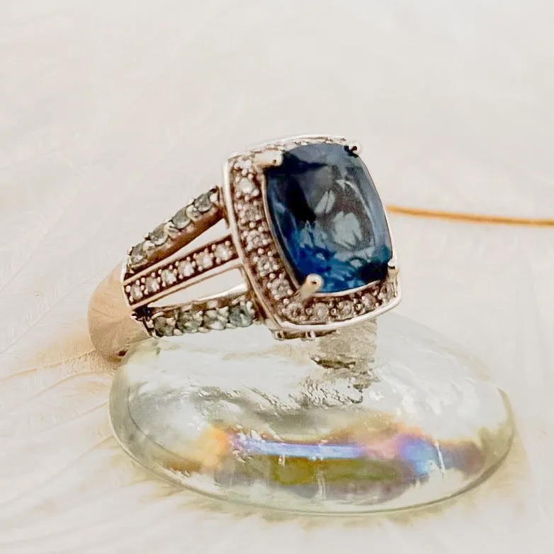 14K White Gold Blue Topaz & Diamond Ring with Mixed Gemstone Band (Size 9.5)