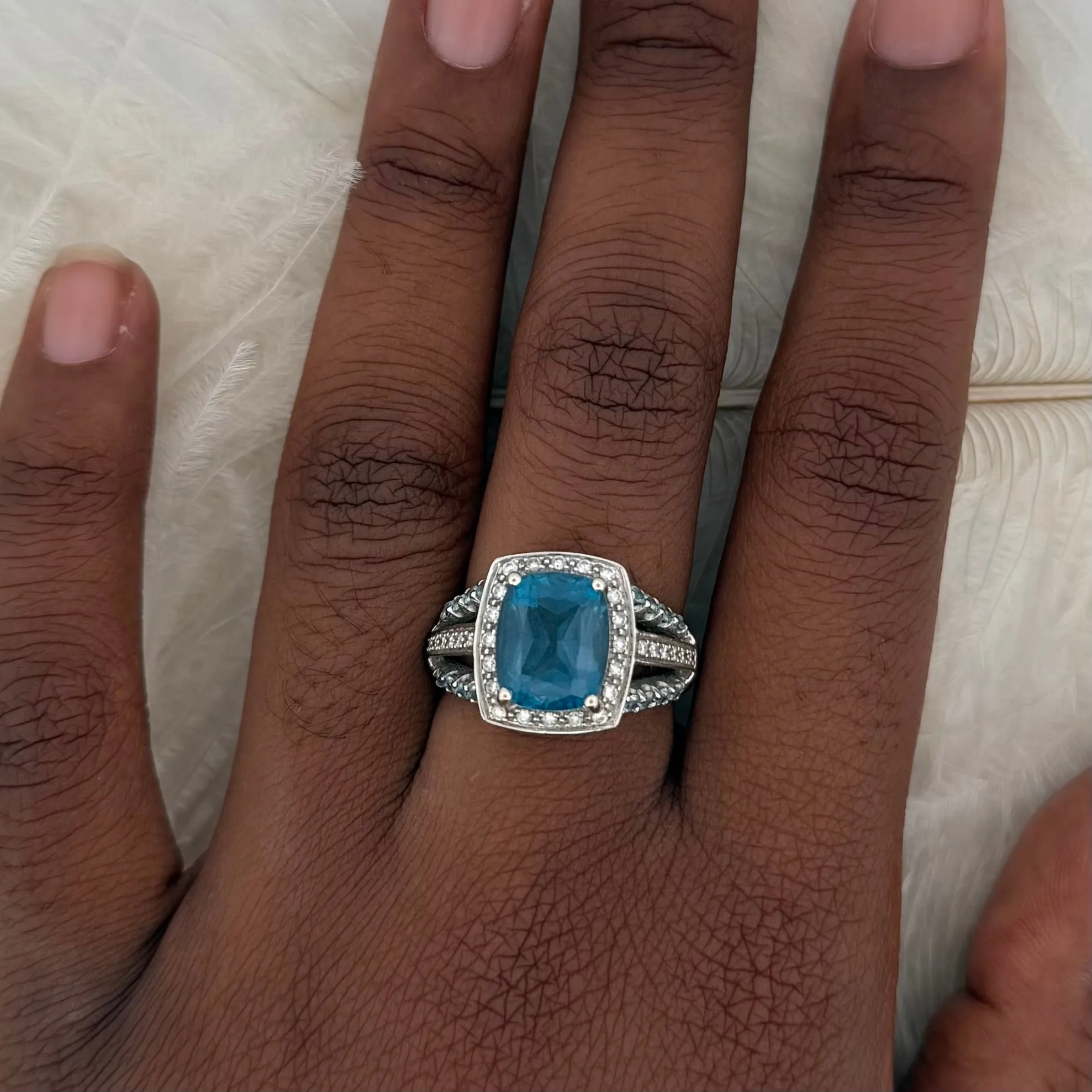 14K White Gold Blue Topaz & Diamond Ring with Mixed Gemstone Band (Size 9.5)