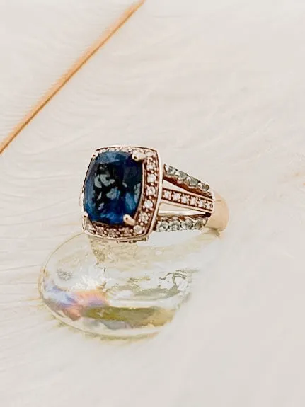 14K White Gold Blue Topaz & Diamond Ring with Mixed Gemstone Band (Size 9.5)
