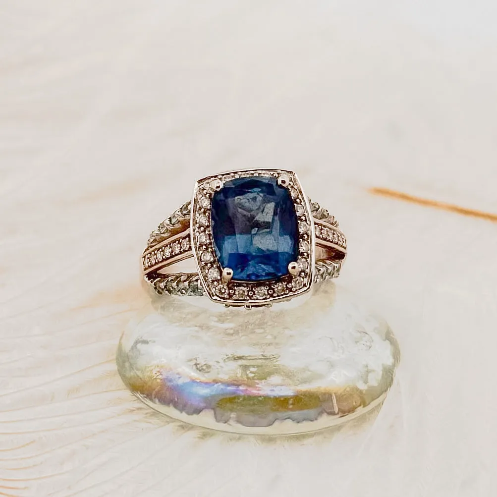 14K White Gold Blue Topaz & Diamond Ring with Mixed Gemstone Band (Size 9.5)