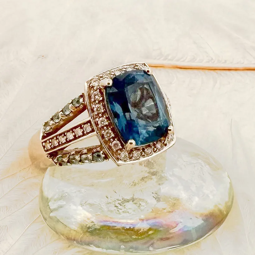 14K White Gold Blue Topaz & Diamond Ring with Mixed Gemstone Band (Size 9.5)