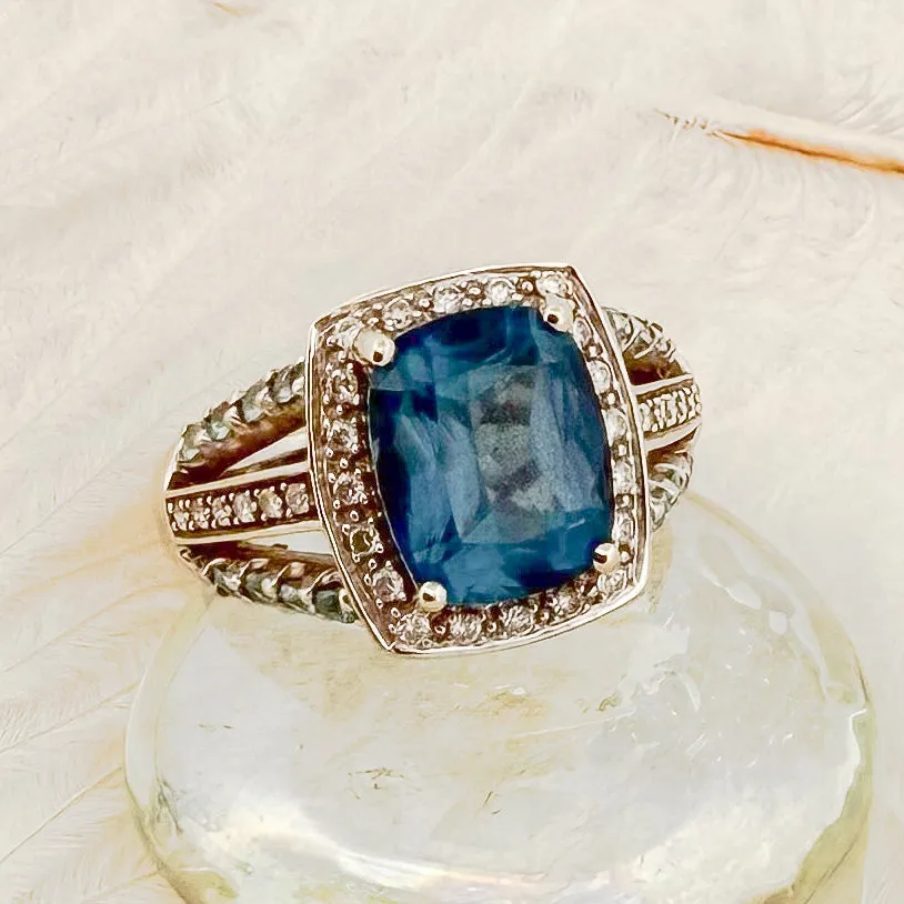 14K White Gold Blue Topaz & Diamond Ring with Mixed Gemstone Band (Size 9.5)