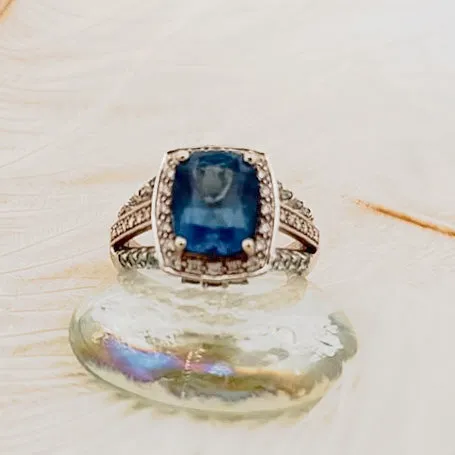 14K White Gold Blue Topaz & Diamond Ring with Mixed Gemstone Band (Size 9.5)
