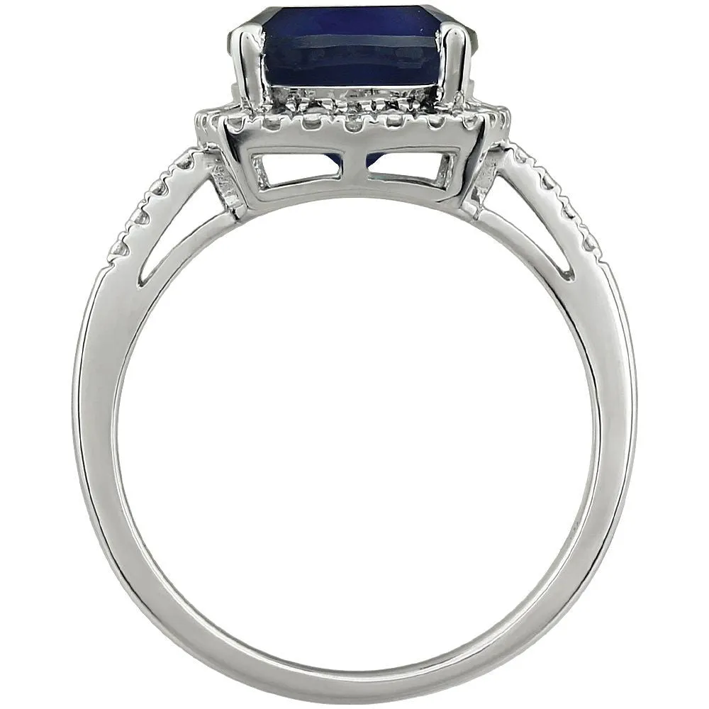 14k White Gold Created Blue Sapphire & .03 CTW Diamond Ring , Size 7
