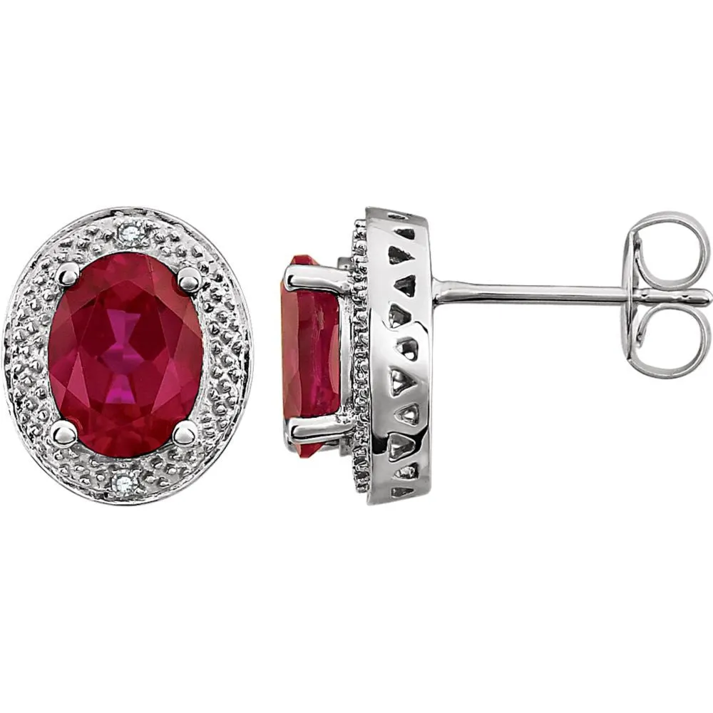 14k White Gold Created Ruby & .02 CTW Diamond Earrings
