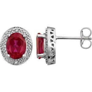 14k White Gold Created Ruby & .02 CTW Diamond Earrings