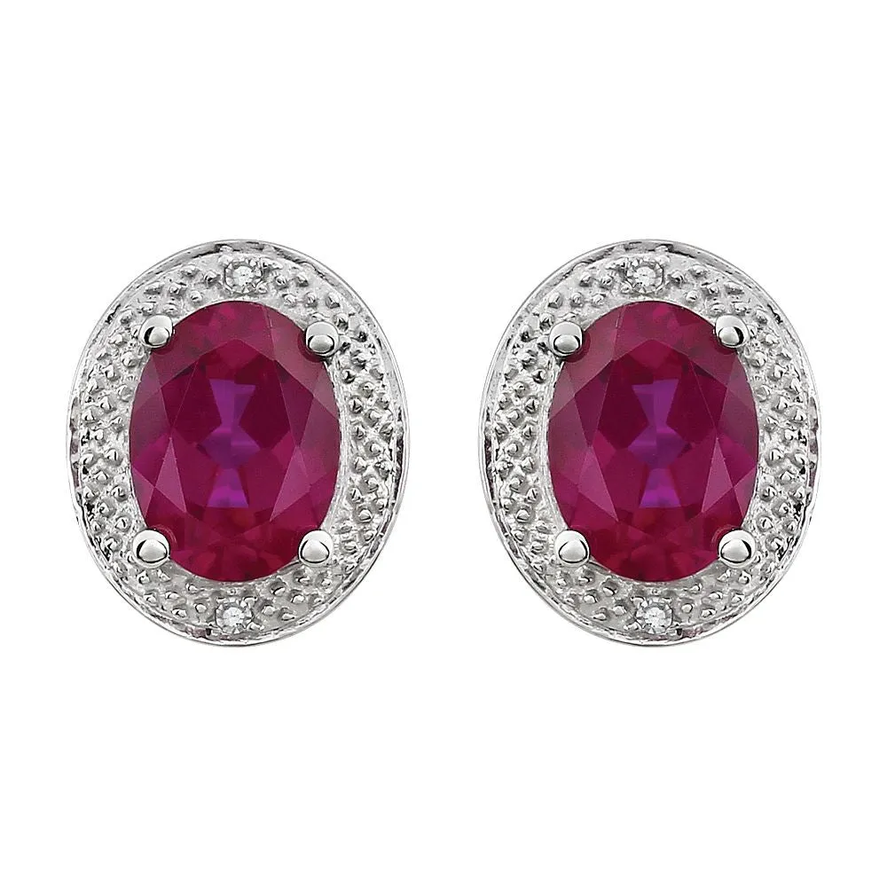 14k White Gold Created Ruby & .02 CTW Diamond Earrings