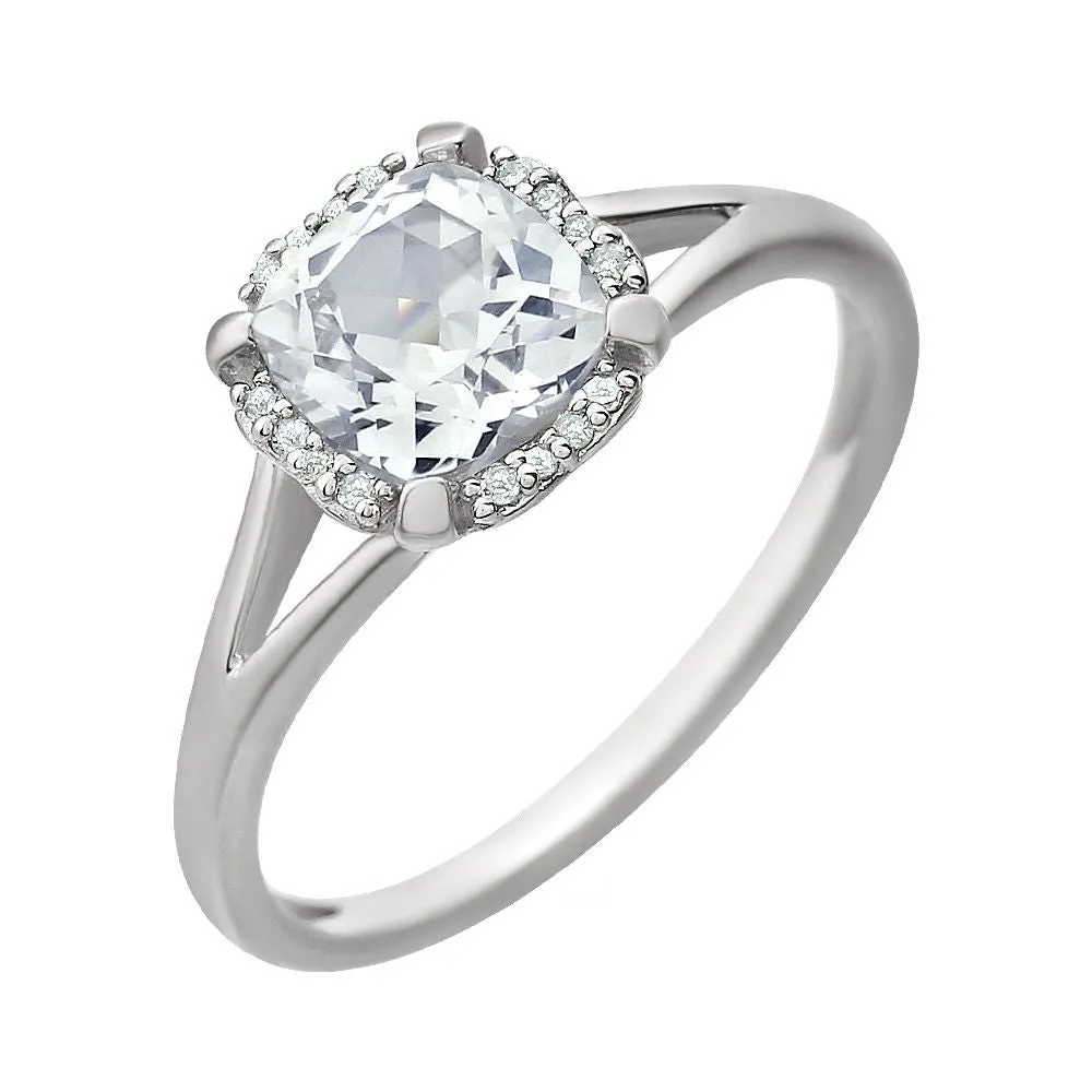 14k White Gold Created White Sapphire & .05 CTW Diamond Ring, Size 7