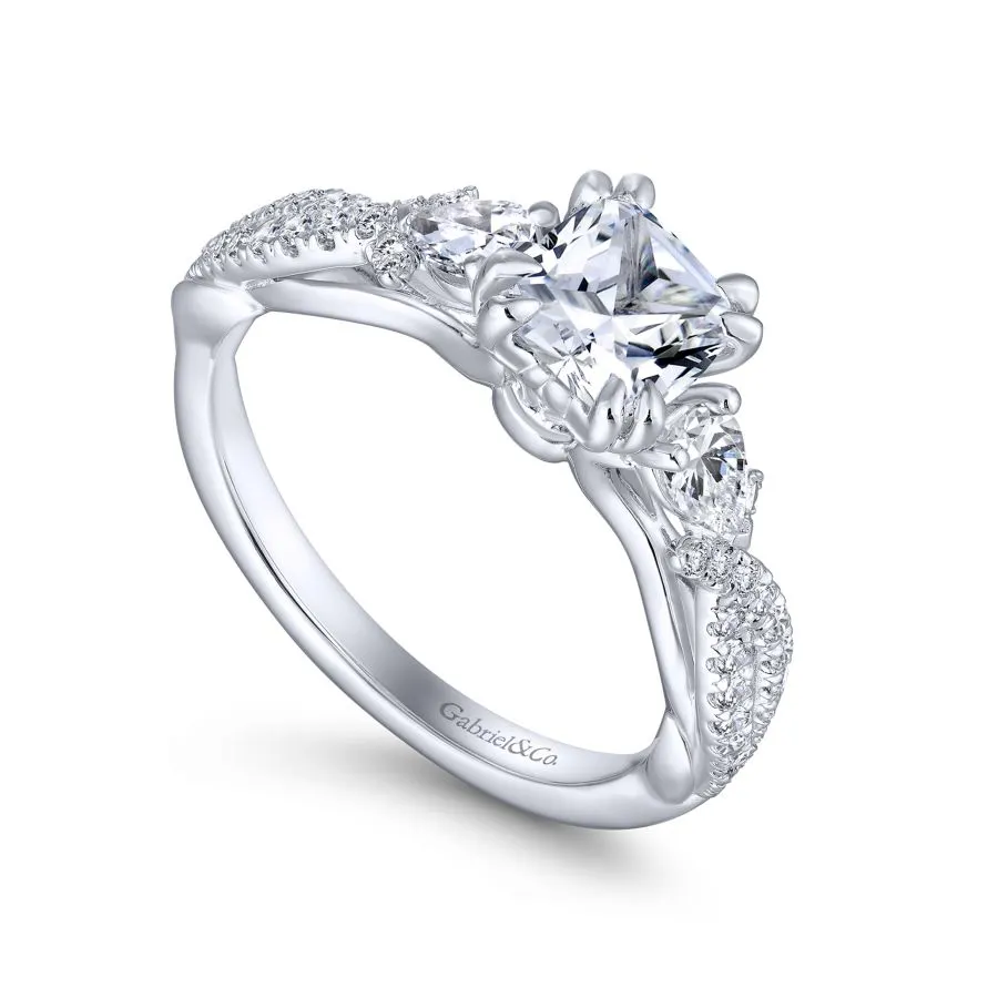 14K White Gold Cushion Cut Three Stone Diamond Engagement Ring