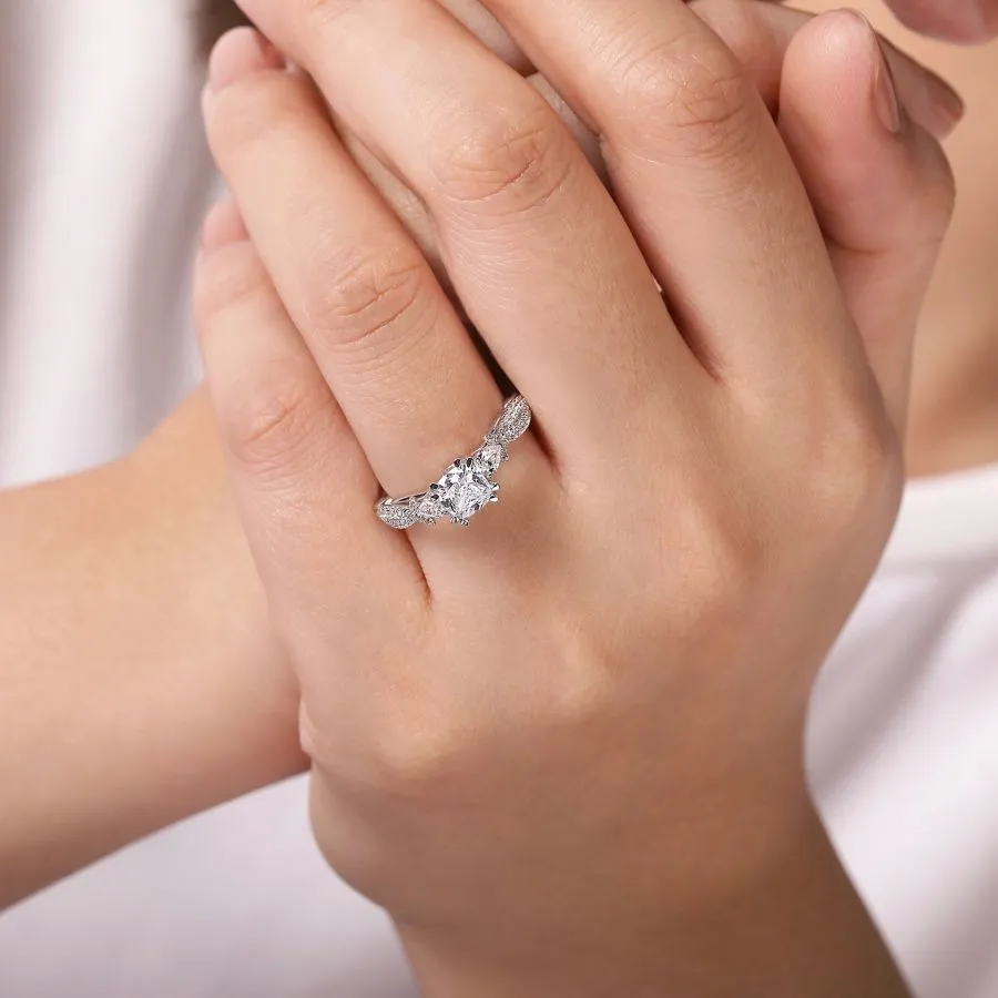 14K White Gold Cushion Cut Three Stone Diamond Engagement Ring