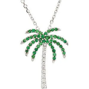 14k White Gold Genuine Tsavorite Garnet and Diamond Palm Tree Necklace