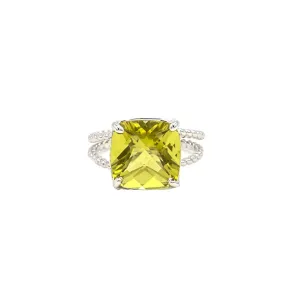 14K White Gold Lime Cushion Checkered Cut Citrine on Braided Ring