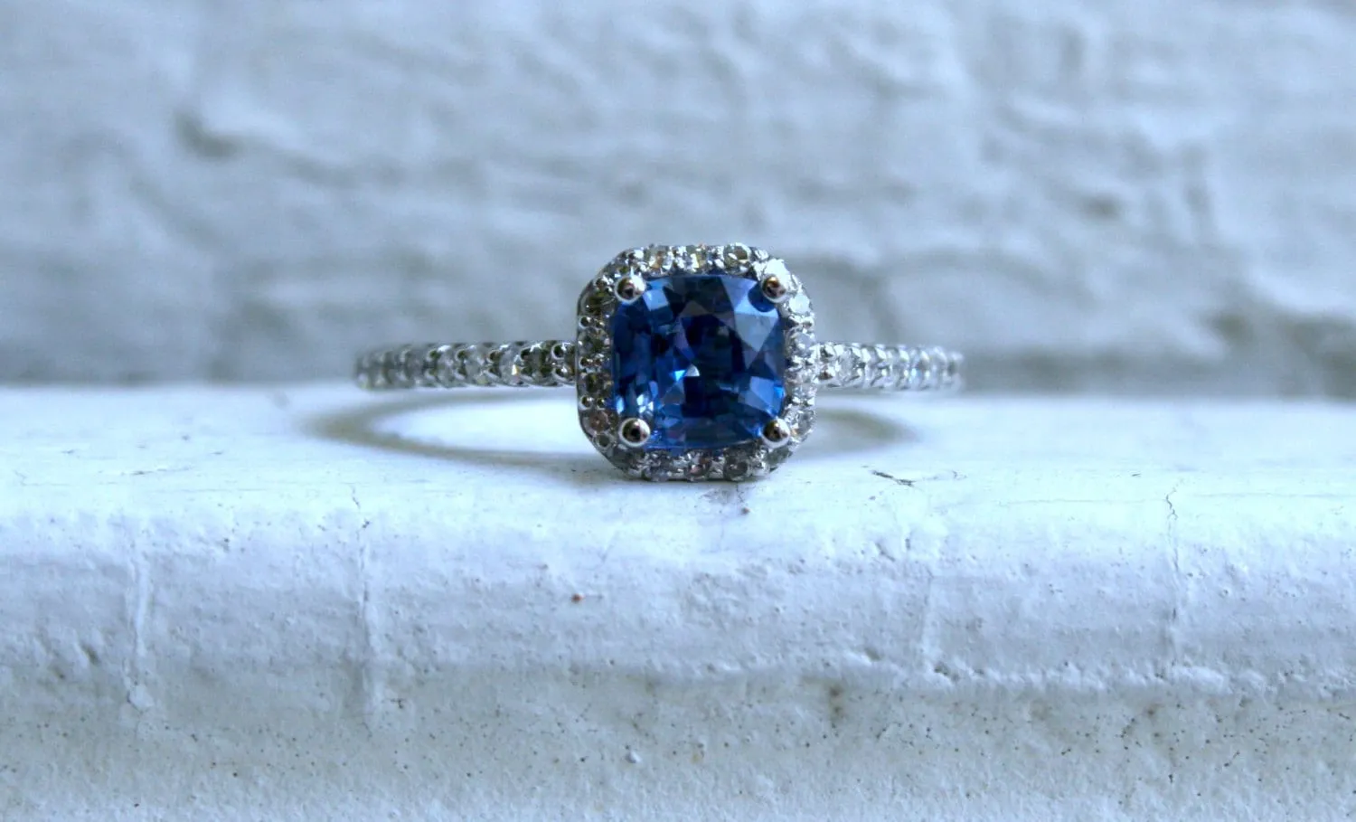 14K White Gold Pave Diamond and Sapphire Halo Ring - 1.26ct.