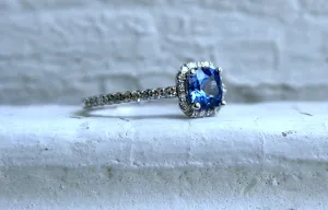 14K White Gold Pave Diamond and Sapphire Halo Ring - 1.26ct.